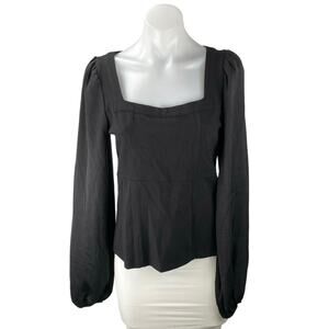 Anthropologie Women's Black Square Neck Long Puff Sleeve Shirt Blouse Top Size S